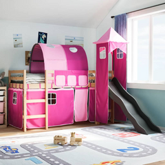 Kids' Loft Bed with Tower - Pink, Solid Pine Wood, 90x200 cm, Includes Slide and Fun Curtain Set