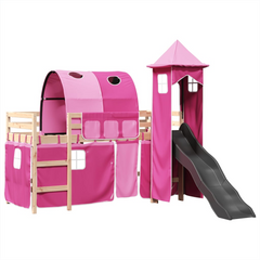 Kids' Loft Bed with Tower - Pink, Solid Pine Wood, 90x200 cm, Includes Slide and Fun Curtain Set