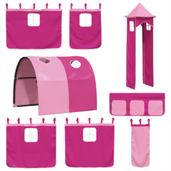 Kids' Loft Bed with Tower - Pink, Solid Pine Wood, 90x200 cm, Includes Slide and Fun Curtain Set