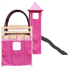 Kids' Loft Bed with Tower - Pink, Solid Pine Wood, 90x200 cm, Includes Slide and Fun Curtain Set