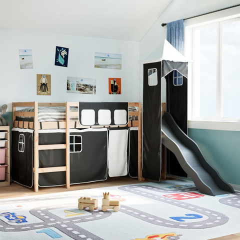 Kids' Loft Bed with Tower, Slide, and Curtains, 90x200 cm, Solid Pine Wood - White & Black