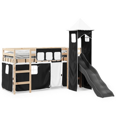 Kids' Loft Bed with Tower, Slide, and Curtains, 90x200 cm, Solid Pine Wood - White & Black