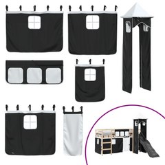 Kids' Loft Bed with Tower, Slide, and Curtains, 90x200 cm, Solid Pine Wood - White & Black