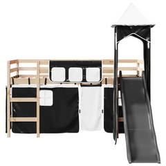 Kids' Loft Bed with Tower, Slide, and Curtains, 90x200 cm, Solid Pine Wood - White & Black