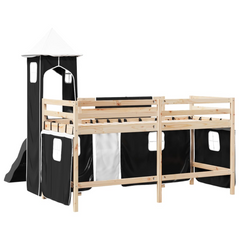 Kids' Loft Bed with Tower, Slide, and Curtains, 90x200 cm, Solid Pine Wood - White & Black