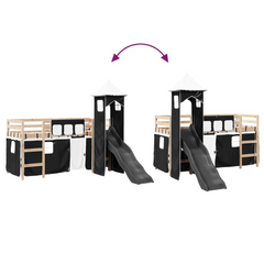 Kids' Loft Bed with Tower, Slide, and Curtains, 90x200 cm, Solid Pine Wood - White & Black