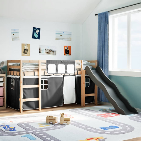 Kids' Loft Bed with Slide & Curtains White & Black 90x200 cm Solid Pine Wood - Fun, Safe, Durable