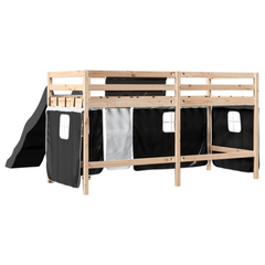 Kids' Loft Bed with Slide & Curtains White & Black 90x200 cm Solid Pine Wood - Fun, Safe, Durable