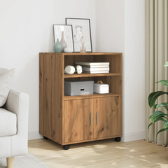 Rolling Cabinet in Artisan Oak, 60x48x81 cm | Engineered Wood Storage Solution with Shelves & Doors