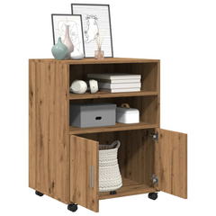 Rolling Cabinet in Artisan Oak, 60x48x81 cm | Engineered Wood Storage Solution with Shelves & Doors