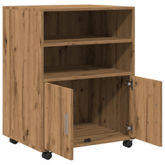 Rolling Cabinet in Artisan Oak, 60x48x81 cm | Engineered Wood Storage Solution with Shelves & Doors