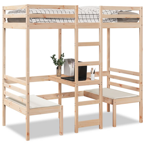 Loft Bed Frame with Desk and Chairs 75x190cm - Solid Pine Wood, Space-Saving Solution