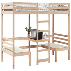 Loft Bed Frame with Desk and Chairs 75x190cm - Solid Pine Wood, Space-Saving Solution