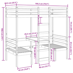 Loft Bed Frame with Desk and Chairs 75x190cm - Solid Pine Wood, Space-Saving Solution