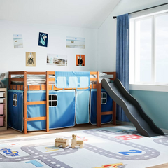 Kids' Loft Bed with Slide and Blue Curtains, Solid Pine Wood, 90x190 cm - Fun and Safe Space-Saving Bed for Children