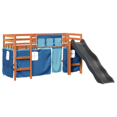 Kids' Loft Bed with Slide and Blue Curtains, Solid Pine Wood, 90x190 cm - Fun and Safe Space-Saving Bed for Children