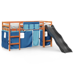 Kids' Loft Bed with Slide and Blue Curtains, Solid Pine Wood, 90x190 cm - Fun and Safe Space-Saving Bed for Children