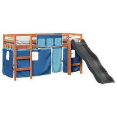 Kids' Loft Bed with Slide and Blue Curtains, Solid Pine Wood, 90x190 cm - Fun and Safe Space-Saving Bed for Children