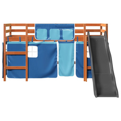 Kids' Loft Bed with Slide and Blue Curtains, Solid Pine Wood, 90x190 cm - Fun and Safe Space-Saving Bed for Children