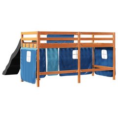 Kids' Loft Bed with Slide and Blue Curtains, Solid Pine Wood, 90x190 cm - Fun and Safe Space-Saving Bed for Children