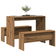 3 Piece Dining Table and Bench Set in Atisian Oak - Durable Engineered Wood, Perfect for Family Gatherings