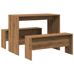 3 Piece Dining Table and Bench Set in Atisian Oak - Durable Engineered Wood, Perfect for Family Gatherings