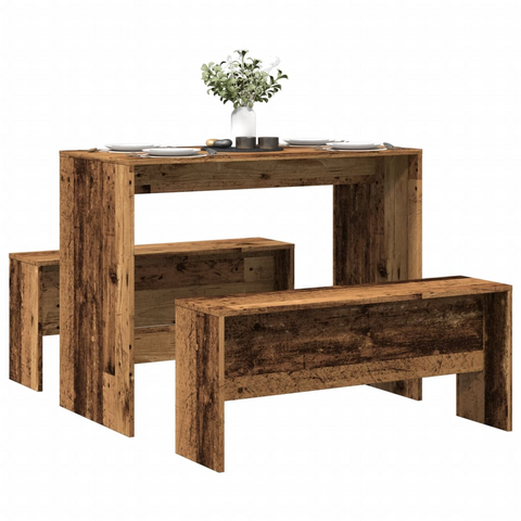 3 Piece Dining Table and Bench Set - Rustic Old Wood Finish, Durable Engineered Wood - Perfect for Family Meals and Gatherings