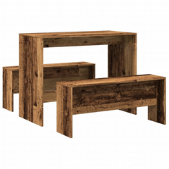 3 Piece Dining Table and Bench Set - Rustic Old Wood Finish, Durable Engineered Wood - Perfect for Family Meals and Gatherings