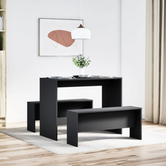 3 Piece Black Engineered Wood Dining Table and Bench Set - Modern & Durable