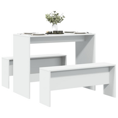 3 Piece Dining Table and Bench Set - White Engineered Wood, Modern and Durable for Family Meals