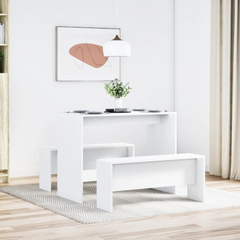 3 Piece Dining Table and Bench Set - White Engineered Wood, Modern and Durable for Family Meals