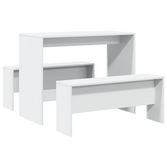 3 Piece Dining Table and Bench Set - White Engineered Wood, Modern and Durable for Family Meals