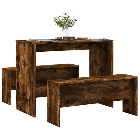 3 Piece Dining Table and Bench Set in Smoked Oak - Stylish Engineered Wood Dining Furniture