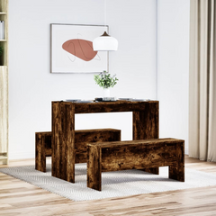 3 Piece Dining Table and Bench Set in Smoked Oak - Stylish Engineered Wood Dining Furniture