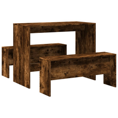 3 Piece Dining Table and Bench Set in Smoked Oak - Stylish Engineered Wood Dining Furniture