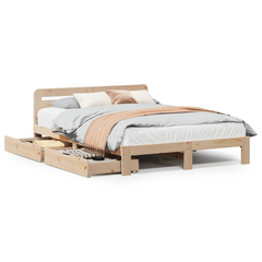 Stylish Solid Wood Double Bed Frame 135x190 cm | Pine Wood Bedstead with Storage Drawers