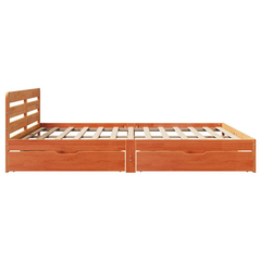 Rustic Solid Pine Wood Bed Frame with Storage Drawers - Wax Brown, 200x200 cm