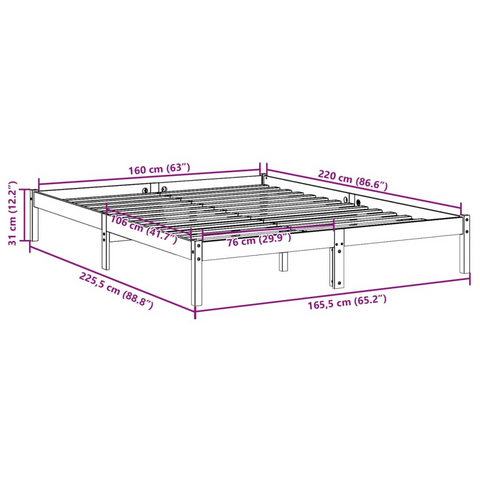 Extra Long Solid Pine Wood Bed Frame - White, 160x220 cm | Durable & Stylish