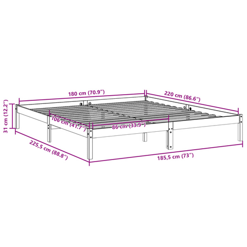 Extra Long Solid Wood Pine Bed Frame - White, 180x220 cm | No Mattress Included