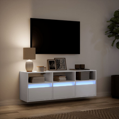 Stylish TV Wall Cabinet with Customizable LED Lights, White 130x31x45 cm - Ample Storage & Space-Saving