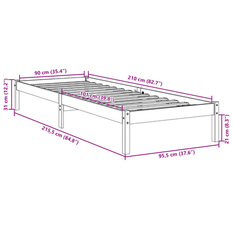 Extra Long Solid Wood Pine Bed Frame without Mattress 90x210 cm - Durable & Rustic