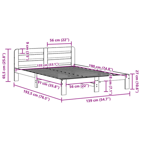 Solid Wood Pine Double Bed Frame - 135x190 cm, Without Mattress