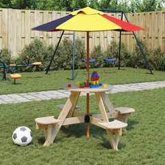 vidaXL Kids Picnic Table with Umbrella - Round Solid Fir Wood, 4 Seaters, Colorful Protection