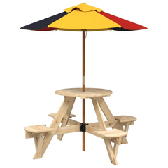 vidaXL Kids Picnic Table with Umbrella - Round Solid Fir Wood, 4 Seaters, Colorful Protection