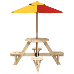 vidaXL Kids Picnic Table with Umbrella - Round Solid Fir Wood, 4 Seaters, Colorful Protection