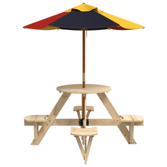 vidaXL Kids Picnic Table with Umbrella - Round Solid Fir Wood, 4 Seaters, Colorful Protection