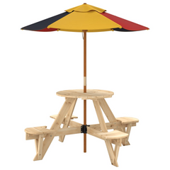 vidaXL Kids Picnic Table with Umbrella - Round Solid Fir Wood, 4 Seaters, Colorful Protection