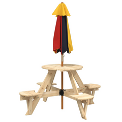 vidaXL Kids Picnic Table with Umbrella - Round Solid Fir Wood, 4 Seaters, Colorful Protection