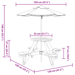 vidaXL Kids Picnic Table with Umbrella - Round Solid Fir Wood, 4 Seaters, Colorful Protection