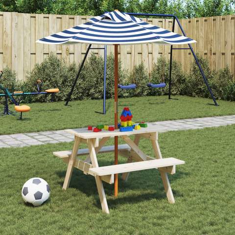 vidaXL Kids Picnic Table with Umbrella - Solid Wood Fir, 4-Seater, Outdoor Furniture for Garden & Patio